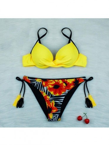 Sets Women Two Piece Swimsuit Padded Cutout Push Up Halter Bikini Set High Waisted Bottom Bathing Suits Tops T011 Yellow - C9...