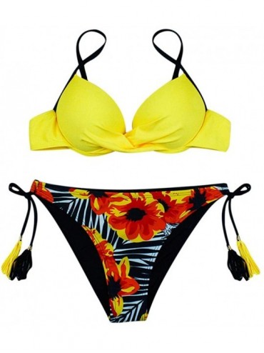 Sets Women Two Piece Swimsuit Padded Cutout Push Up Halter Bikini Set High Waisted Bottom Bathing Suits Tops T011 Yellow - C9...