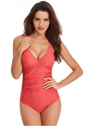 Sets Women One Piece Swimsuits V Neck Bathing Suit Ruched Tummy Control Solid Beach Swimwear - Red - CO18N8LQOK0 $23.69