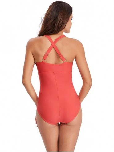 Sets Women One Piece Swimsuits V Neck Bathing Suit Ruched Tummy Control Solid Beach Swimwear - Red - CO18N8LQOK0 $23.69
