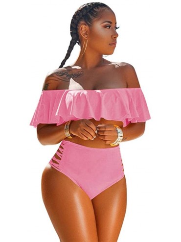 Sets Off The Shoulder Ruffle Bathing Bikini Crop Two Piece Tankini Womens Ruched Swimsuit 1016 - Pink - CQ18RTTK594 $28.53