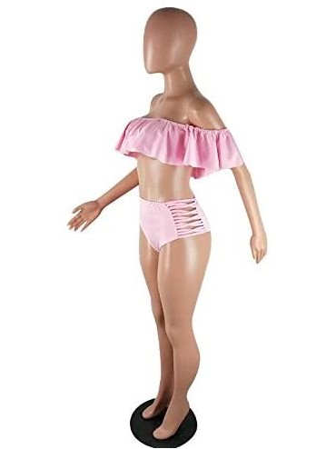 Sets Off The Shoulder Ruffle Bathing Bikini Crop Two Piece Tankini Womens Ruched Swimsuit 1016 - Pink - CQ18RTTK594 $13.11