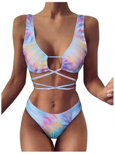 Sets Women Bikini Bathing Suits Two Piece Tie Dye Print Criss Cross Bandage Push Up 145 - Blue - CV19007QIUZ $29.25