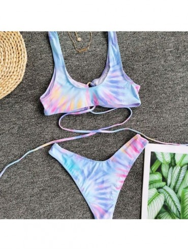 Sets Women Bikini Bathing Suits Two Piece Tie Dye Print Criss Cross Bandage Push Up 145 - Blue - CV19007QIUZ $13.84