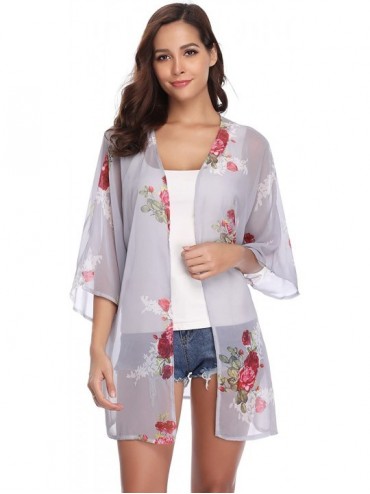 Cover-Ups Women 3/4 Sleeve Floral Chiffon Casual Loose Kimono Cardigan Capes - Grey 3 - CA18G84GHCH $31.07