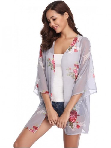 Cover-Ups Women 3/4 Sleeve Floral Chiffon Casual Loose Kimono Cardigan Capes - Grey 3 - CA18G84GHCH $12.60
