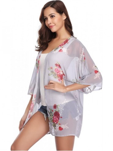 Cover-Ups Women 3/4 Sleeve Floral Chiffon Casual Loose Kimono Cardigan Capes - Grey 3 - CA18G84GHCH $12.60