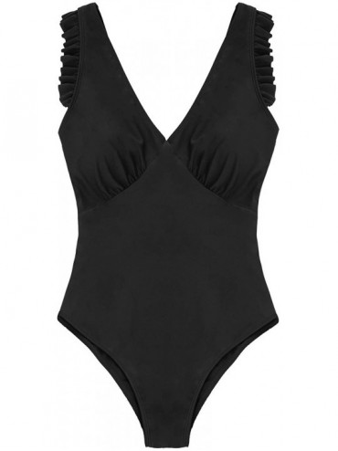One-Pieces Women's Sexy Plunge V Neck One Piece Swimsuit Ruched Beach Swimwear Bathing Suit - Black-1 - CF18O3MCW4H $17.35