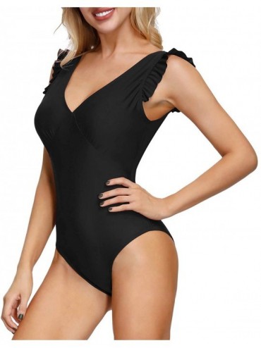 One-Pieces Women's Sexy Plunge V Neck One Piece Swimsuit Ruched Beach Swimwear Bathing Suit - Black-1 - CF18O3MCW4H $7.50