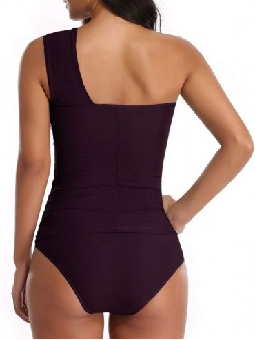 One-Pieces Women Tankini Ruched One Shoulder Tummy Control Top High Neck Swimsuits - Dark Purple - C318SQ0K5IC $22.37