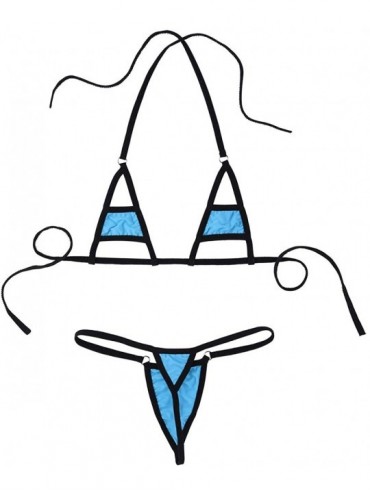 Sets Women's Extreme Bikini Halterneck Bra Top with Tie Side G-String Thongs Sheer Swimsuit Bathing Suit - Lake Blue - CD18UD...