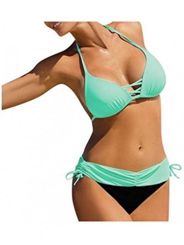 Tankinis Women's Swimsuit Halter Halter Strap Solid Print Bikini Set(A4-Green-M) - A4-green - CA196UERK4D $25.24