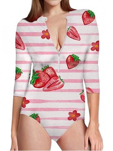 Rash Guards Women's Fruit Animal Rash Guards 3D Printed Zip Front One Piece Swimsuit Swimwear Bathing Suit - Strawberry - CF1...
