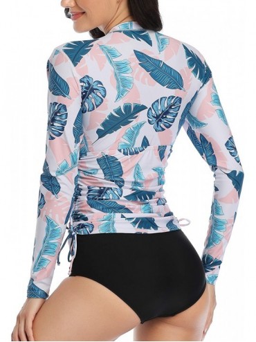 Rash Guards Women Rash Guard Long Sleeve Swimsuit UPF 50 Zipper Side Adjustable Swim Shirt - Pink Leaf - CZ1930MAR68 $20.24