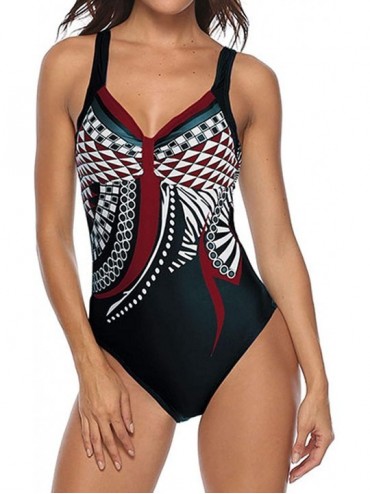 One-Pieces Women One Piece Flounce Swimsuit Floral Striped Deep V Push Up Bathing Suit Swimwear - A2-wine Red - CS18M9YKWR4 $...