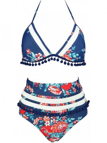Sets Women's Mesh Striped High Waist Bikini Set Tassel Trim Top Halter Straps Swimsuit(FBA) - Floral Red - C918Q0AX0XN $48.77