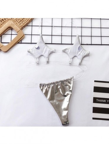 Sets Women's Bikini Triangle Bathing Strap Clear Invisible Two Pieces Bathing Suit Brazilian Bikini Thong - Sliver - CJ18Z4GK...