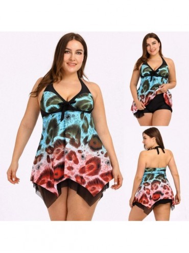 Bottoms Plus Size Swimsuits for Women - Flounce Print Halter Two Piece Swimdress Irregular Hem Tankini Bikini Set Bathing Sui...