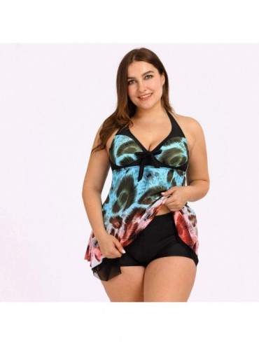Bottoms Plus Size Swimsuits for Women - Flounce Print Halter Two Piece Swimdress Irregular Hem Tankini Bikini Set Bathing Sui...