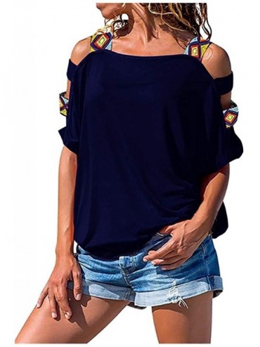 Cover-Ups Women Casual Off Shoulder Hollow Out Short Sleeve Tops Summer T-Shirts Loose Shirts Blouse - Navy - CA199XWW5AM $39.13