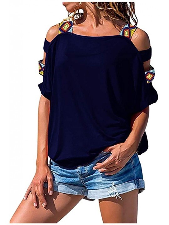 Cover-Ups Women Casual Off Shoulder Hollow Out Short Sleeve Tops Summer T-Shirts Loose Shirts Blouse - Navy - CA199XWW5AM $15.65