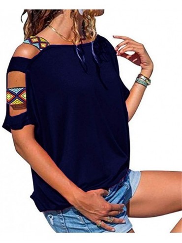 Cover-Ups Women Casual Off Shoulder Hollow Out Short Sleeve Tops Summer T-Shirts Loose Shirts Blouse - Navy - CA199XWW5AM $15.65