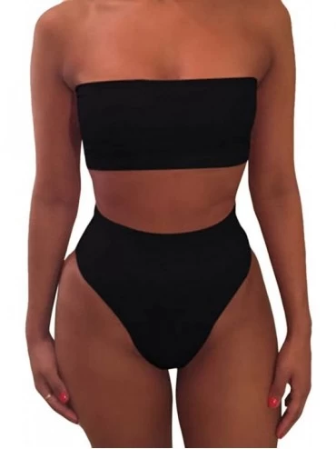 Sets Women's Removable Strap Bandeau Top High Cut Cheeky Bikini Set Swimsuit - Black - CJ18SAT438R $33.76