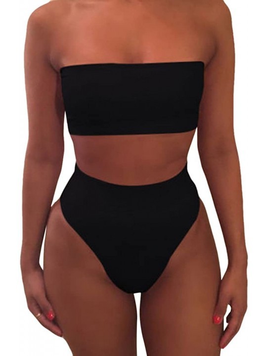 Sets Women's Removable Strap Bandeau Top High Cut Cheeky Bikini Set Swimsuit - Black - CJ18SAT438R $21.15