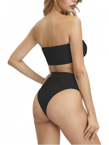 Sets Women's Removable Strap Bandeau Top High Cut Cheeky Bikini Set Swimsuit - Black - CJ18SAT438R $21.15