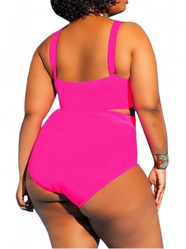 One-Pieces Womens Plus Size Swimwear High Waist One Piece Swimsuits Sexy Control Cutout Bathing Suit Monokini - Pink - C418OK...