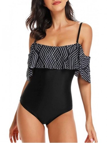 One-Pieces Women One Piece Vintage Printed Off Shoulder Flounce Ruffled Printed Monokini Swimsuits - Black a - CD18DONSOIY $2...