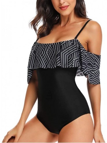 One-Pieces Women One Piece Vintage Printed Off Shoulder Flounce Ruffled Printed Monokini Swimsuits - Black a - CD18DONSOIY $1...