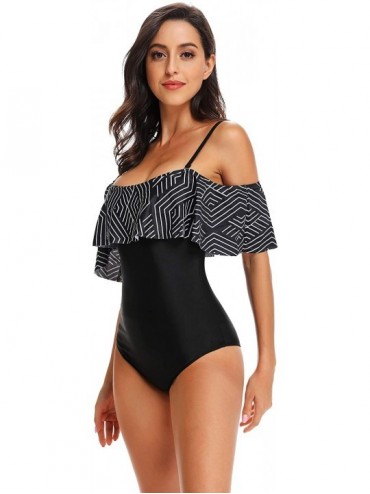 One-Pieces Women One Piece Vintage Printed Off Shoulder Flounce Ruffled Printed Monokini Swimsuits - Black a - CD18DONSOIY $1...