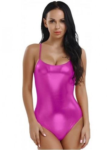 One-Pieces Womens Shiny Metallic PVC Leather Deep V Camisole Bodysuit One Piece Swimsuit Bathing Suit - Rosev Back - CH193IOO...