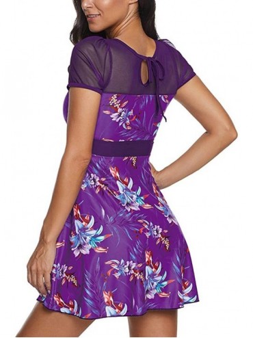 Rash Guards Women's Large Size Floral Print One Piece Swim Dress Skirt Swimsuit - Purple - CI194S2GO6L $20.26