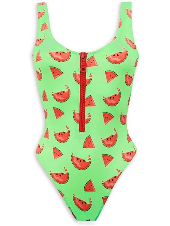 One-Pieces Women Sexy Zipper Front Low Back High Cut One Piece Swimsuit Bathing Suit - Watermelon Print - CM18GOCTXXQ $25.75
