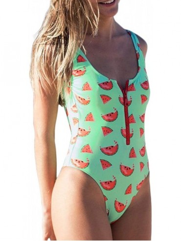 One-Pieces Women Sexy Zipper Front Low Back High Cut One Piece Swimsuit Bathing Suit - Watermelon Print - CM18GOCTXXQ $25.75