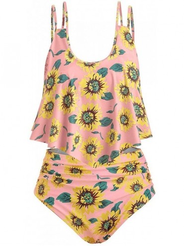 Sets Women Two Pieces Bikini Set Summer Sunflower Print Top Ruffled with High Waisted Bottom Bikini Set - B - CX18UTCSWLG $66.78