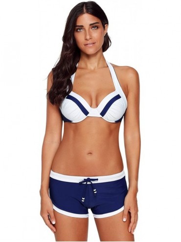 Sets 2 PC Colorblock Halterneck Padded Bikini Top and Boyshorts Boardshorts Boxer Bottom Swimsuit Set - White Blue - C518LWRD...