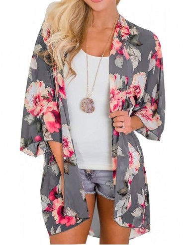 Cover-Ups Womens Sheer Chiffon Kimono Cardigans Floral Summer Beach Swimsuit Cover Ups - 8 Grey 013 - CR193HQL8L2 $29.28