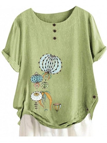 Tankinis Short Sleeve Tee Blouse for Women-Women Linen Dandelion Print Button Blouses Boat Neck T Shirt Tops - Green a - CX19...