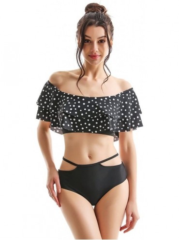 Sets Women's Two Piece Off Shoulder Swimsuit Boho Flounce Falbala Bikini Set (FBA) - Polka Dot Black - CY189X2ON27 $29.70