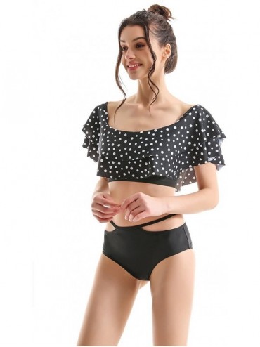 Sets Women's Two Piece Off Shoulder Swimsuit Boho Flounce Falbala Bikini Set (FBA) - Polka Dot Black - CY189X2ON27 $29.70