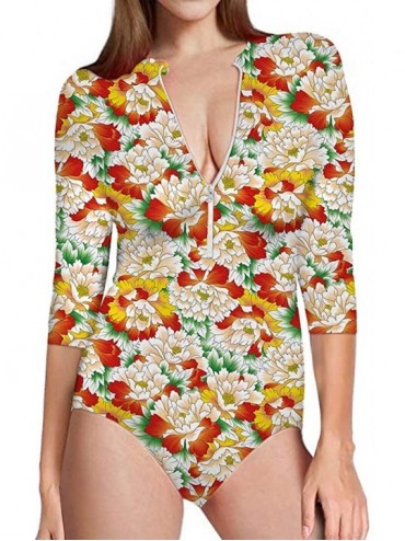 Rash Guards Womens One Piece Swimsuit Zip Front Printed 3/4 Short Sleeve Rash Guard UPF 50++ Sun Protection Swimwear - Color ...