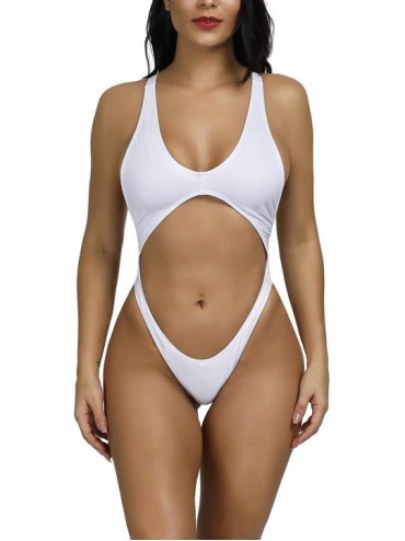 One-Pieces Women's Cutout High Cut One Piece Thong Swimsuit Sexy Bikini Monokini Bandage - White - C912O5LH0QA $43.11
