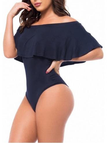 One-Pieces Women's Off Shoulder One Piece Swimsuit Ruffle Bodycon Bodysuit Swimwear - Navy Blue - CA184ONWXIN $15.41