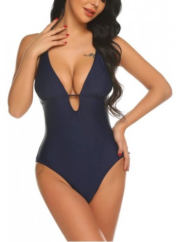 One-Pieces Womens One Piece Swimsuits Halter Swimwear Push up Monokinis Tummy Control Bathing Suits - Navy Blue(push Up) - CR...