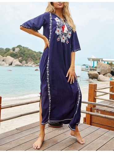 Cover-Ups Women Beachwear Turkish Kaftans Long Swimsuit Cover up Caftan Beach Dress - Navy Blue - C418HOCIYY4 $22.01