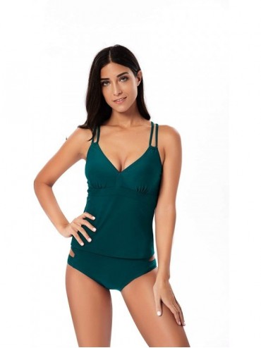 Sets Women's Two Piece Swimsuit V Neck Cross Back Padded Halter Top Tankini Suits - Olive Green - CH18R4QHNOZ $11.30
