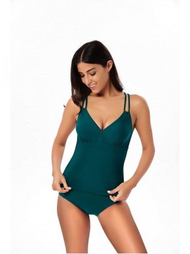 Sets Women's Two Piece Swimsuit V Neck Cross Back Padded Halter Top Tankini Suits - Olive Green - CH18R4QHNOZ $11.30